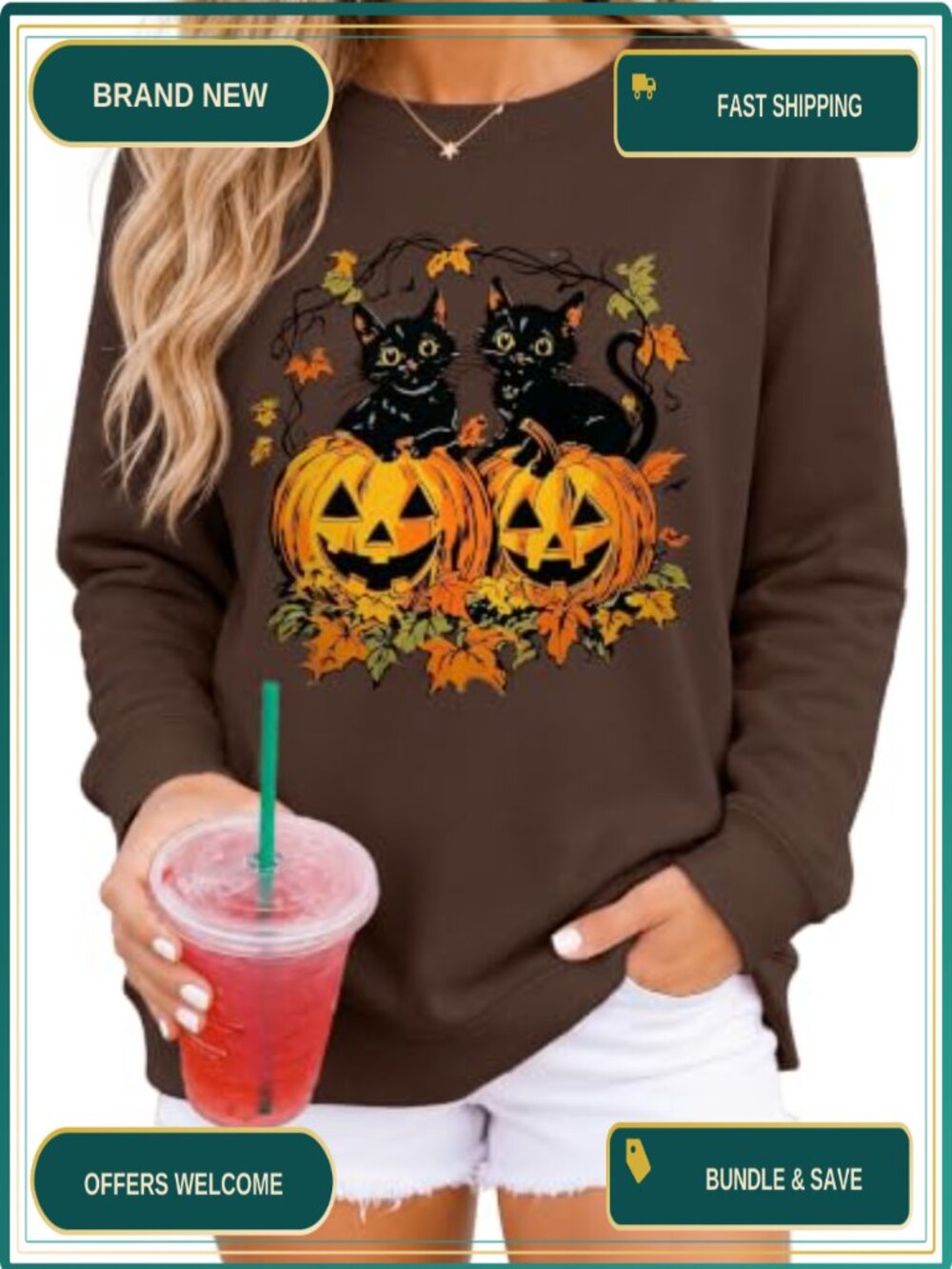 Halloween Sweatshirt Women Black Cat Pumpkin Pullover Long Sleeve Fall Top